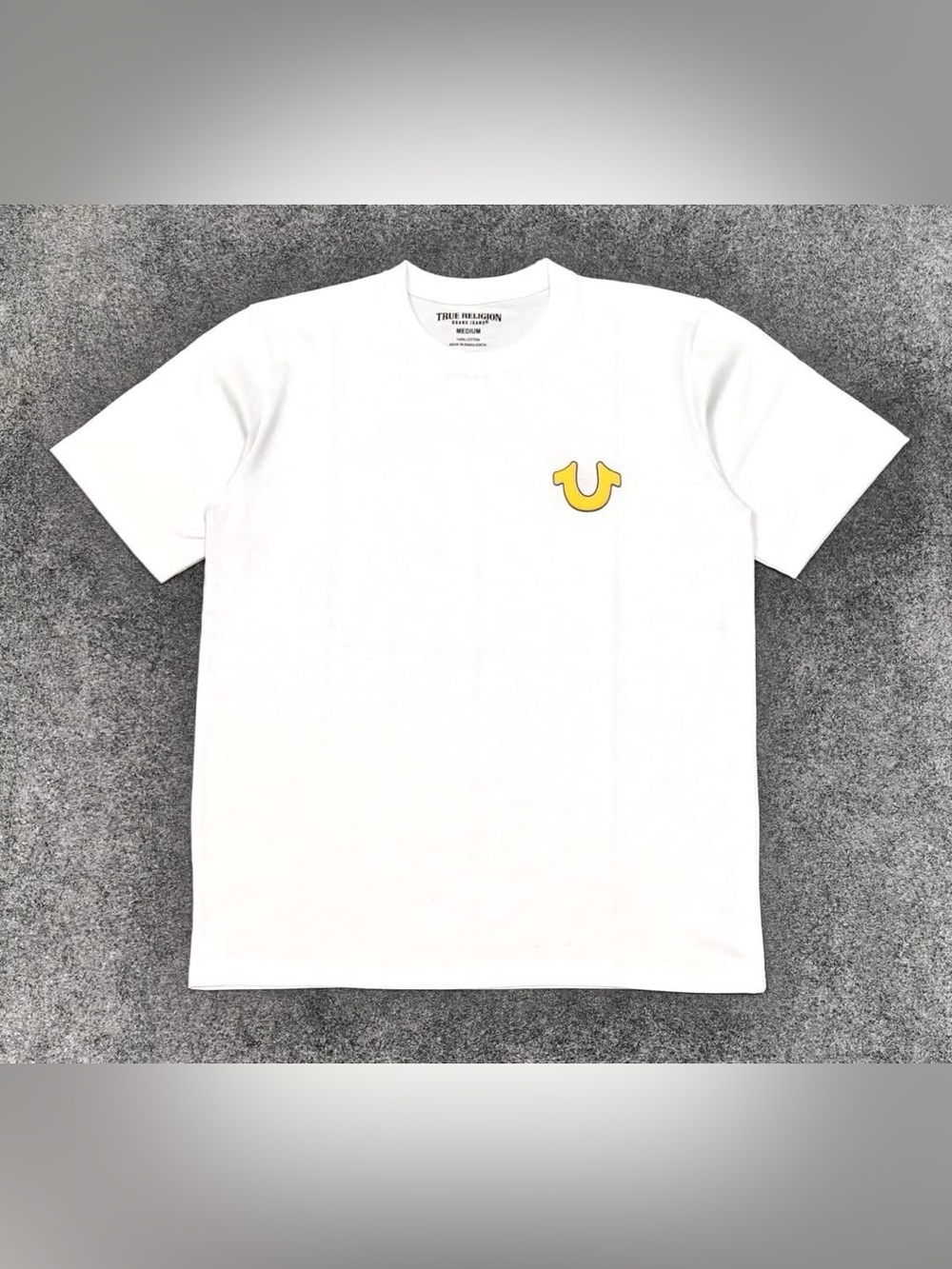 True Religion White Tee with Yellow Logo and Graphic Back